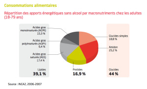 Consommations alimentaires : Répartition des apports énergétiques sans alcool par macronutriments chez les adultes (18-79 ans)